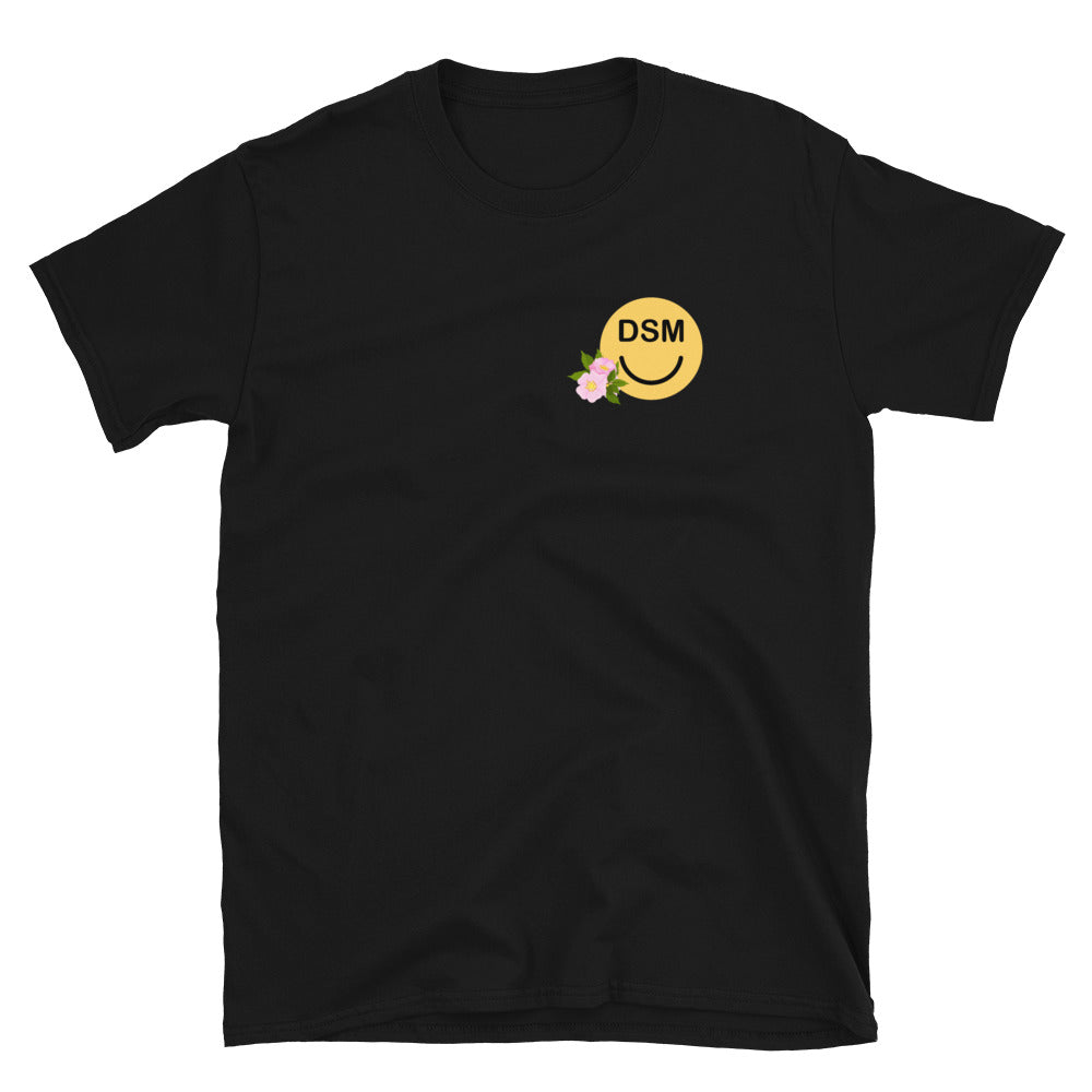 DSM Des Moines Smiley Face with Iowa Wild Rose Unisex T-Shirt